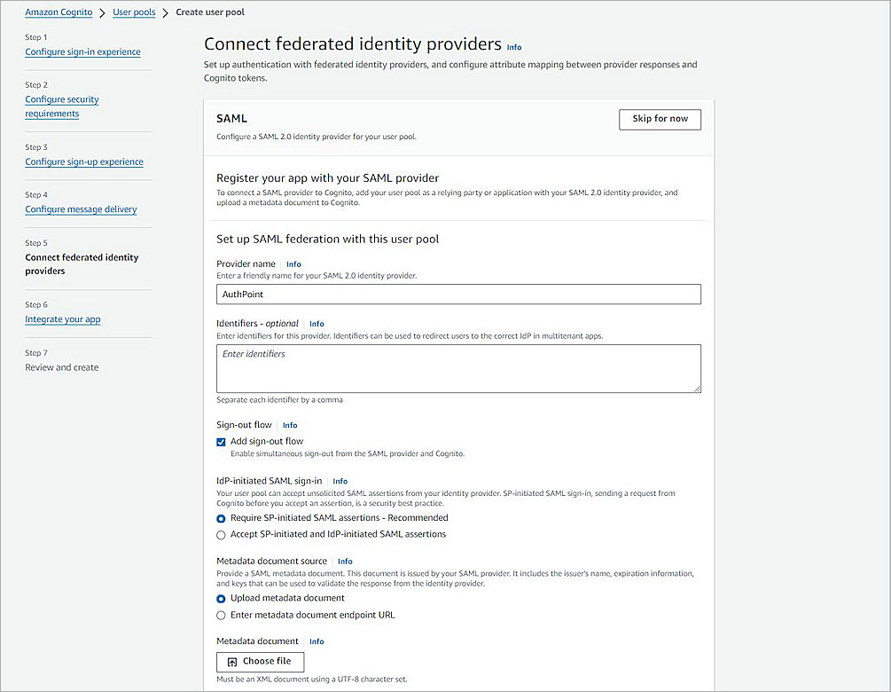 Screenshot of set up SAML federation.
